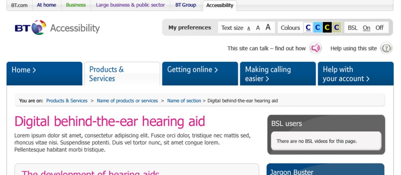 A BT Accessibility web page with a toolbar for text size, colour contrast and British Sign Language, and a 'this site can talk' option