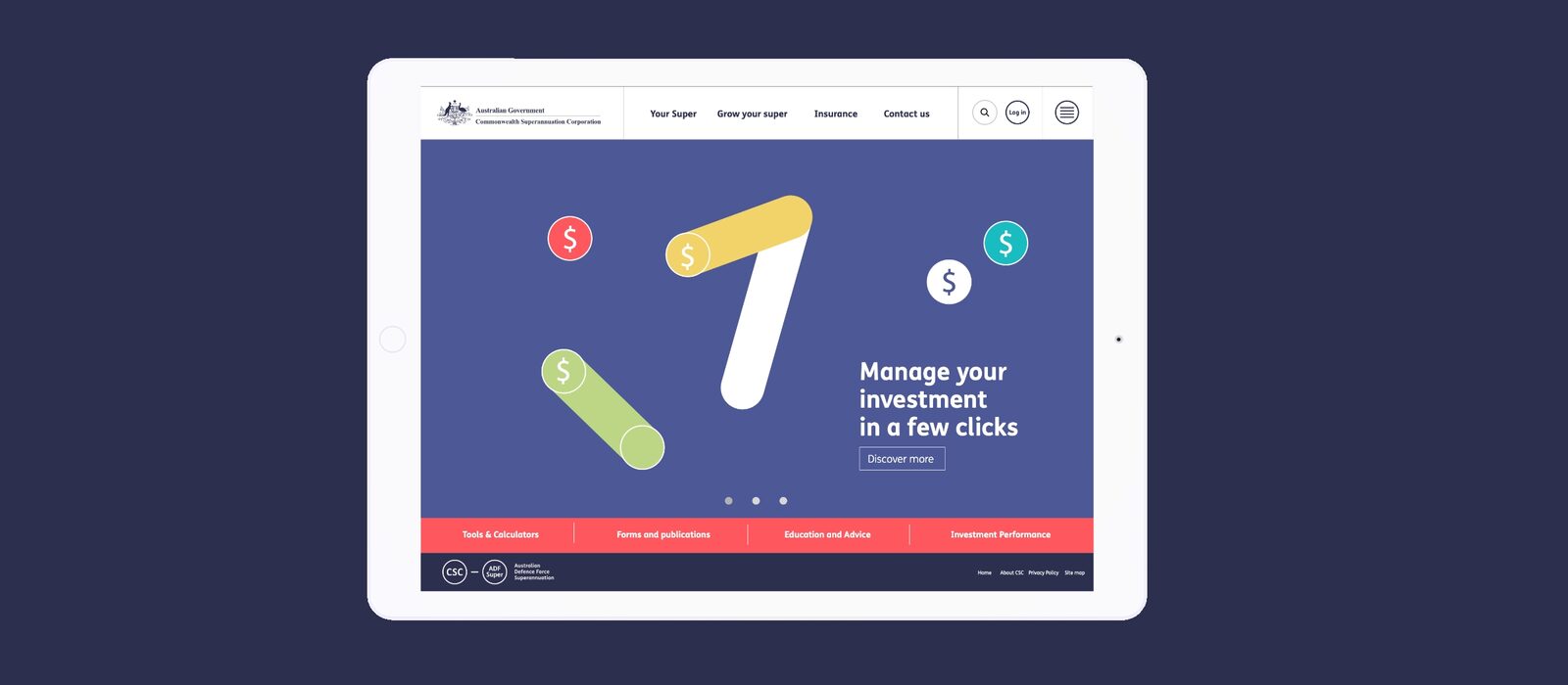 A tablet showing the CSC member experience, 'Manage your investment in a few clicks'
