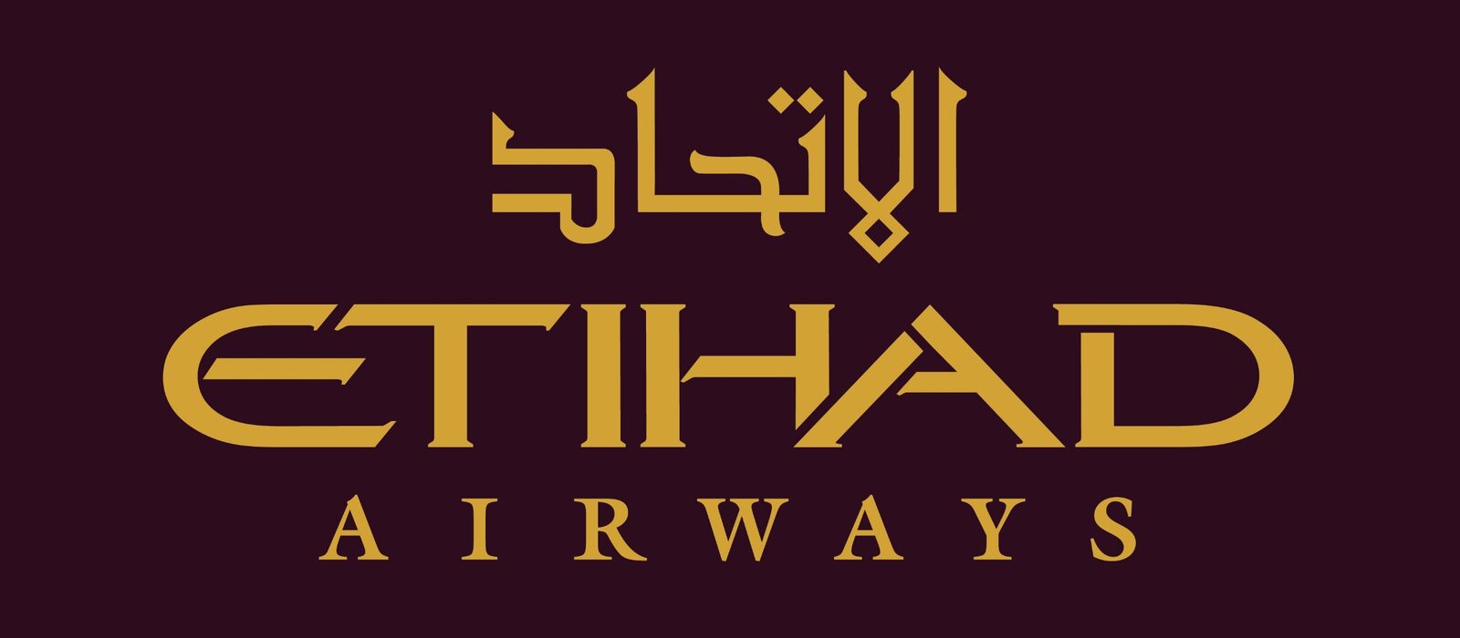 The Etihad Airways wordmark in gold, with Arabic script, on a deep aubergine field