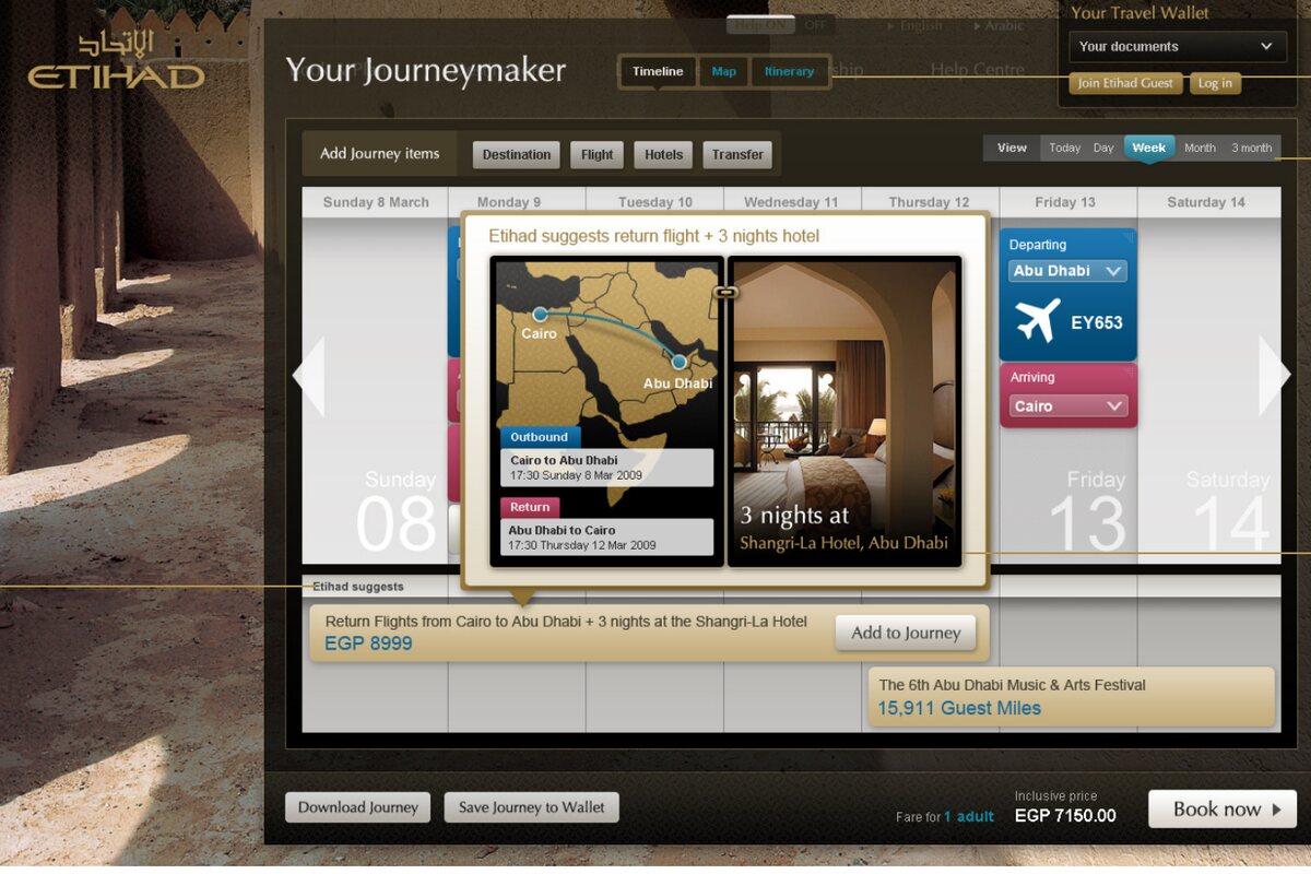 The "Your Journeymaker" concept from the Etihad envisioning, a journey timeline with a contextual "Etihad suggests" flight-and-hotel package, set against Abu Dhabi architecture
