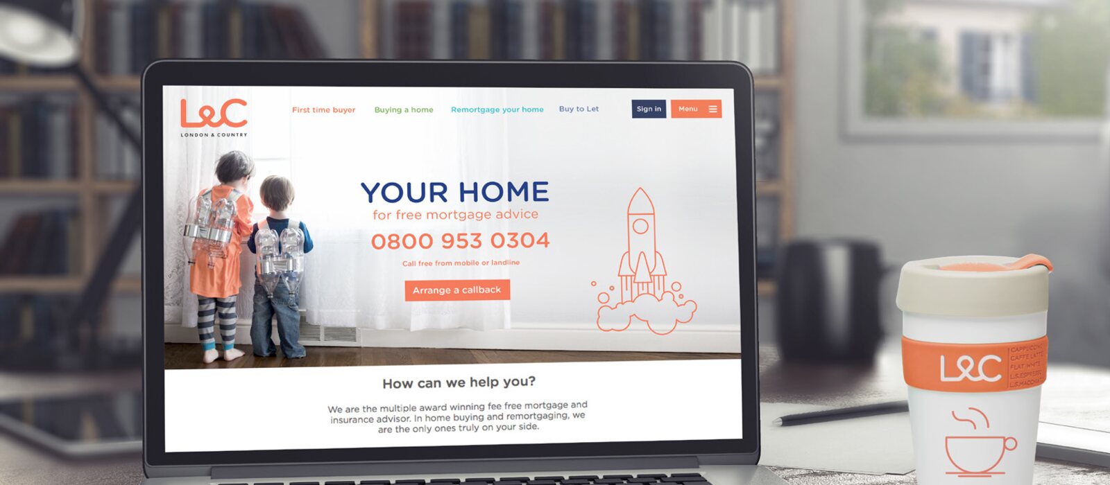 The redesigned London & Country website on a laptop, the warm 'Your home' homepage beside an L&C branded cup