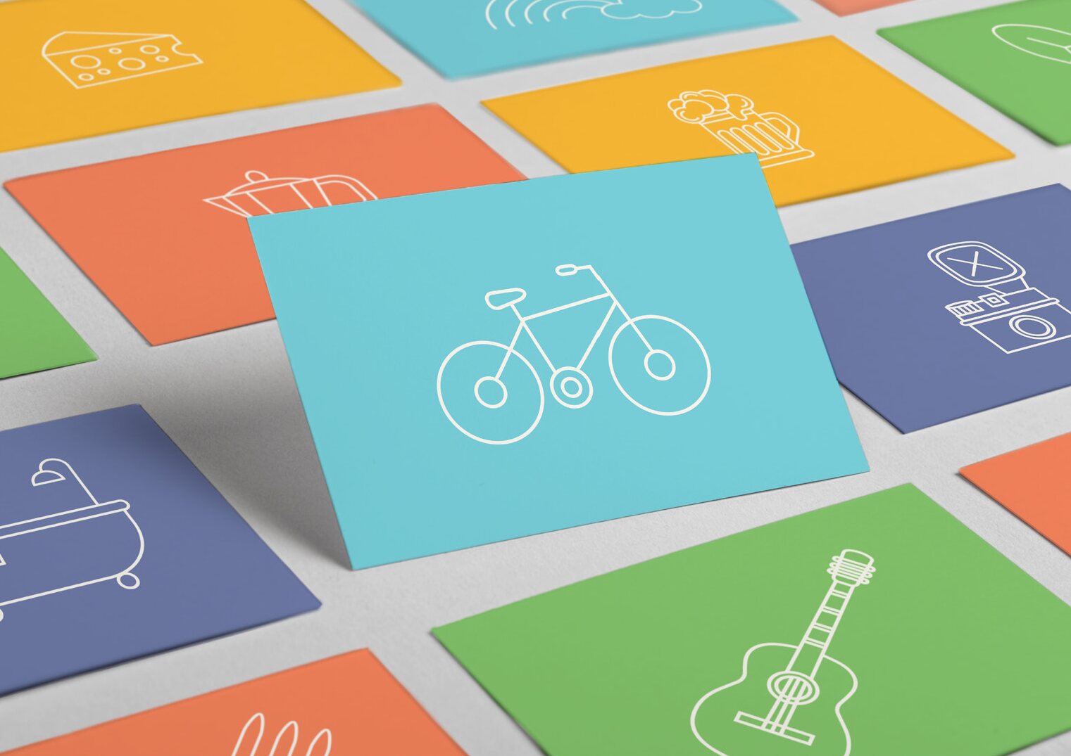 London & Country's custom pictograms, simple line icons on bright colour cards