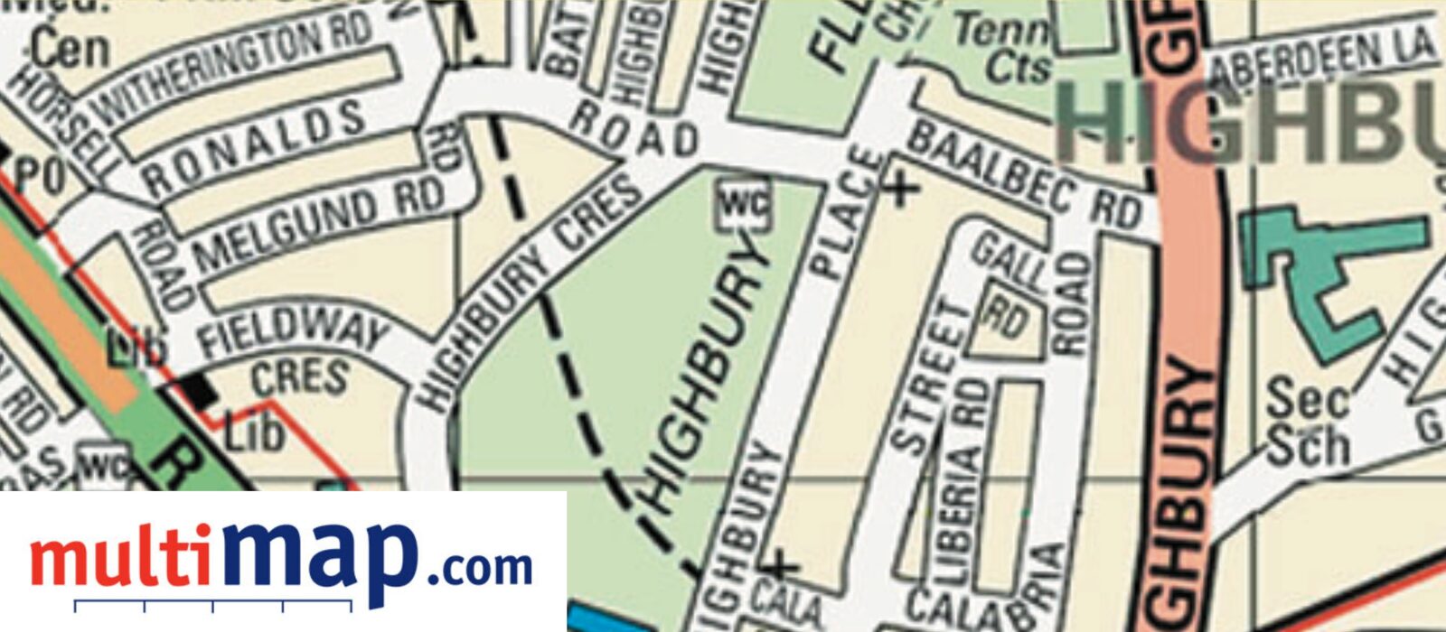 A Multimap street map of Highbury in London, with the multimap.com logo