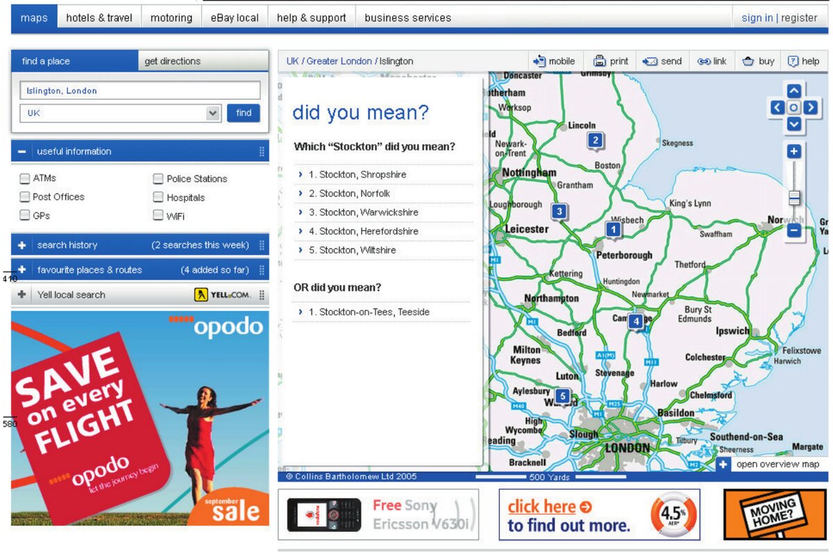 The redesigned Multimap map view, with tabbed navigation and a sidebar of points-of-interest filters beside an interactive route map marked with numbered results