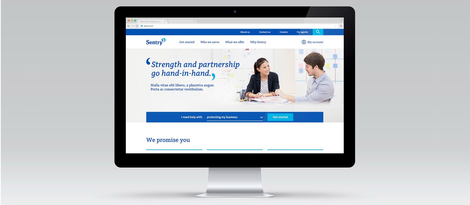 The Sentry insurance website on a desktop screen, 'Strength and partnership go hand-in-hand'