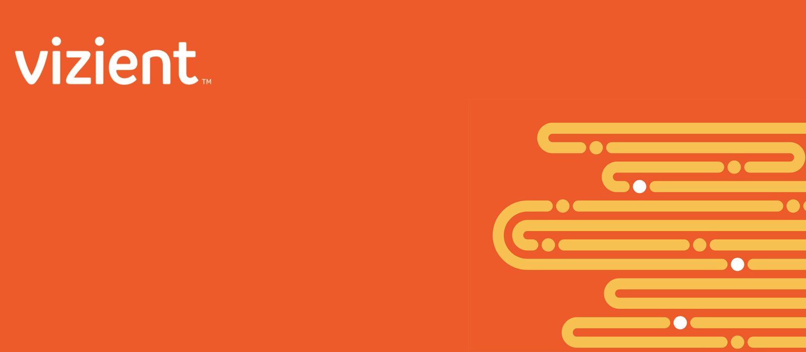 The Vizient brand identity, the wordmark on an orange field with a linear motif