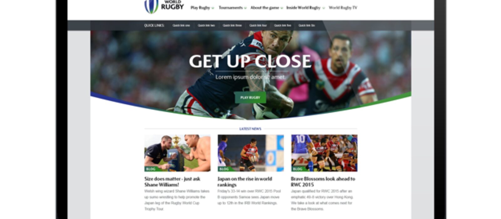 The World Rugby website homepage, 'Get up close', shown on a laptop