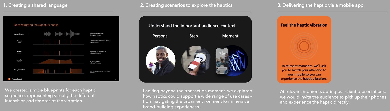 Creating a shared haptic language, exploring the scenarios, and inviting audiences to feel the vibration for themselves.