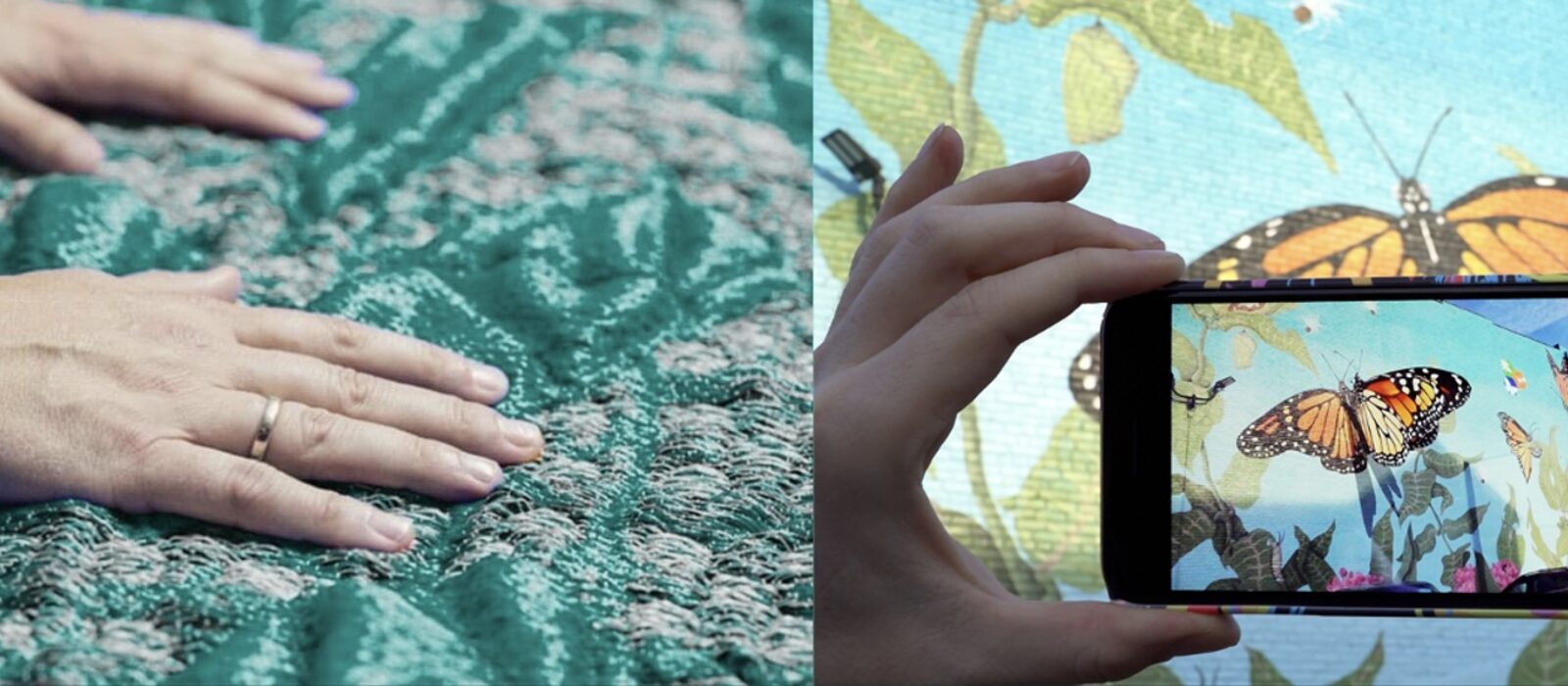 Hands resting on a woven green Maybourne tapestry, beside a phone showing an augmented-reality butterfly over the same design