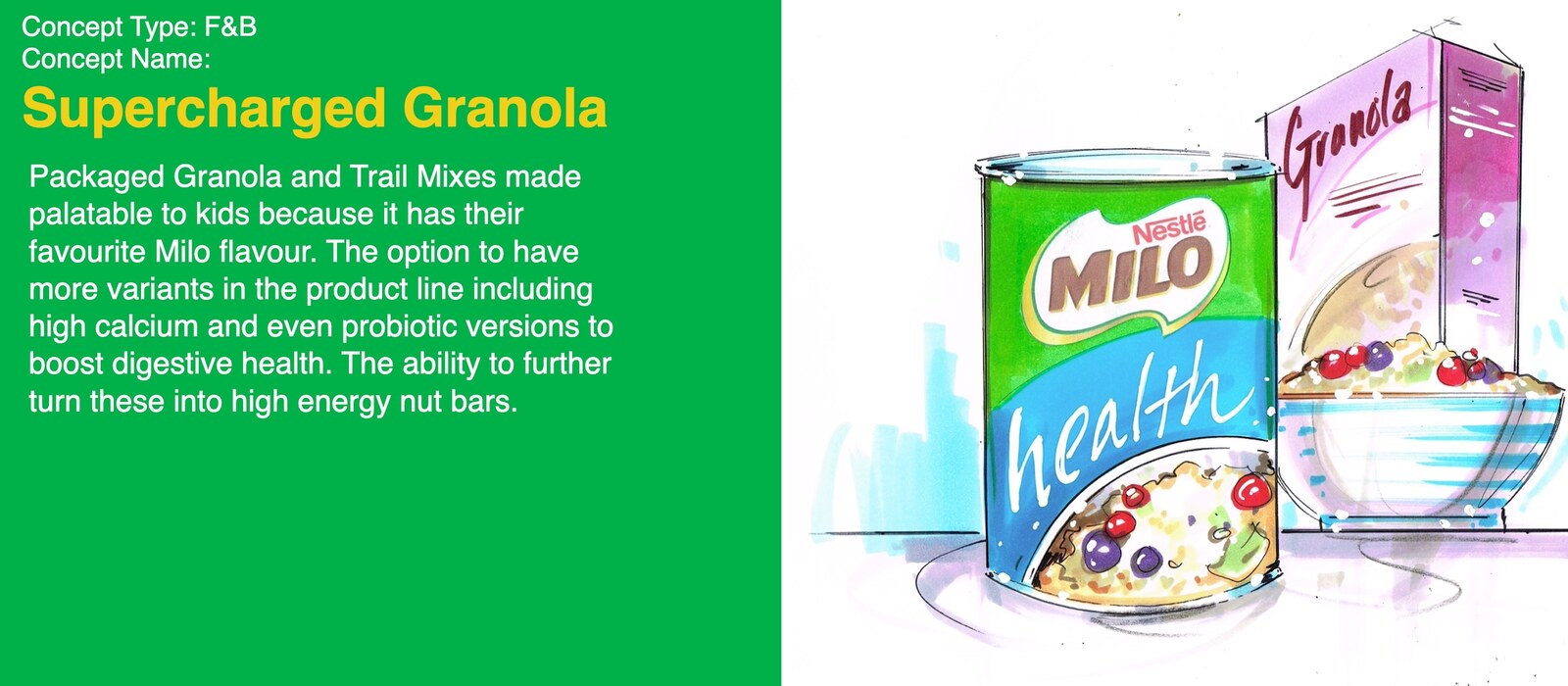 A Milo 'Supercharged Granola' product concept, a Milo tin beside a bowl and pack of granola