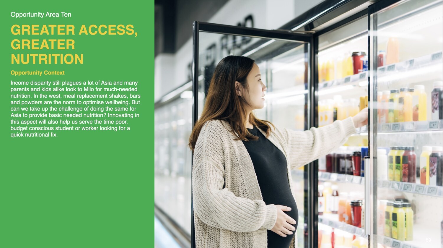 One opportunity area, greater access to nutrition, grounded in how families actually live with the brand.