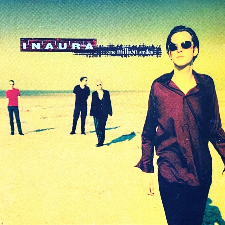 Cover art for the Inaura album One Million Smiles, the band standing on a bleached beach under a green-tinted sky