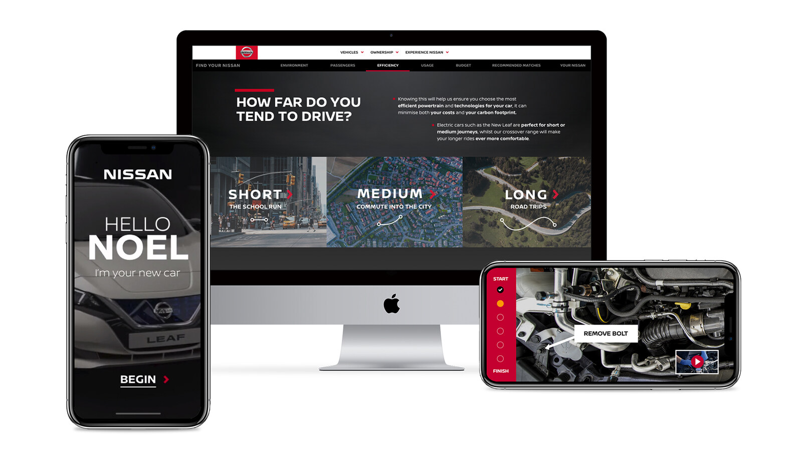 Three prototyped Nissan moments on white, a connected-car first-use app greeting the driver, a 'how far do you drive' model matchmaker, and an augmented reality roadside repair guide