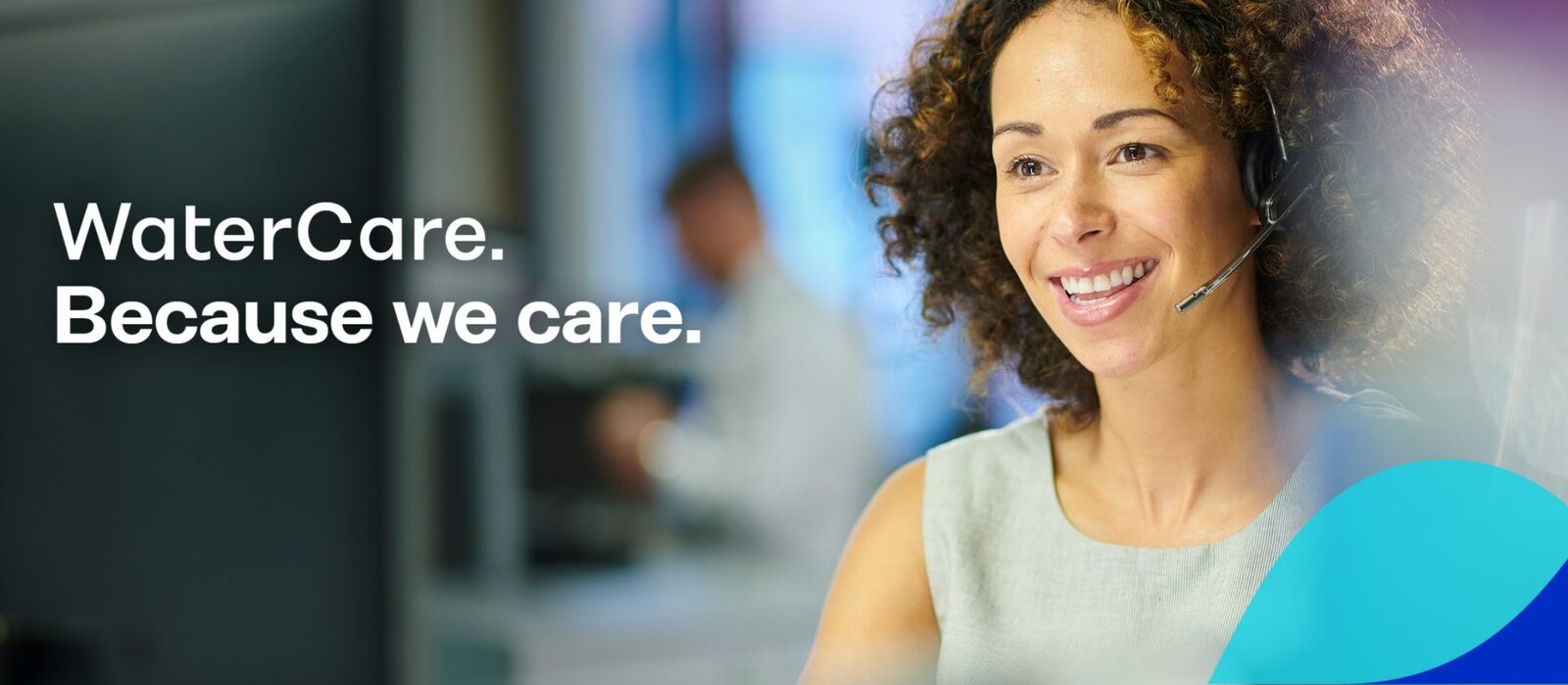 A Yarra Valley Water support agent in a headset beside the message 'WaterCare. Because we care.'
