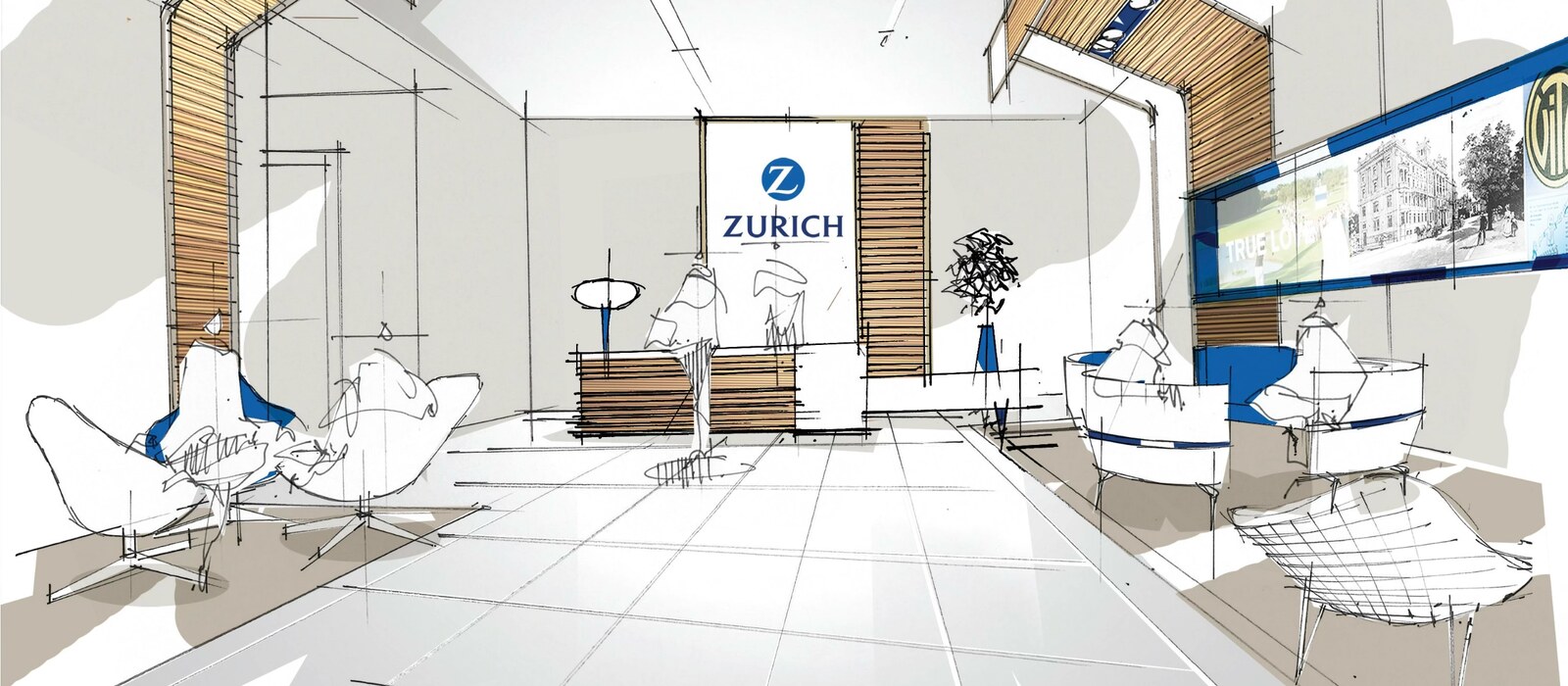 An architectural sketch of the Zurich reception and lounge, the Zurich logo on the wall